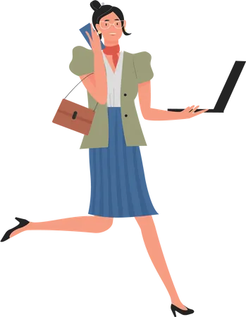 Businesswoman talking on phone while working on laptop  Illustration