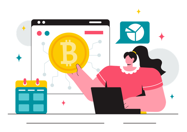 Businesswoman telling about bitcoin trading  Illustration