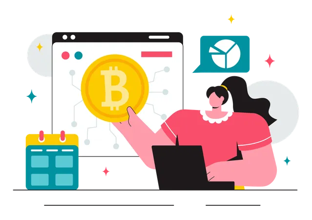 Businesswoman telling about bitcoin trading  Illustration