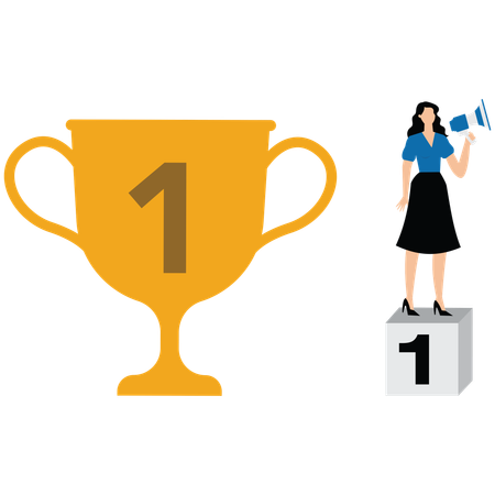 Businesswoman telling success story with megaphone with winner trophy  Illustration