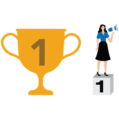 Businesswoman telling success story with megaphone with winner trophy  Illustration