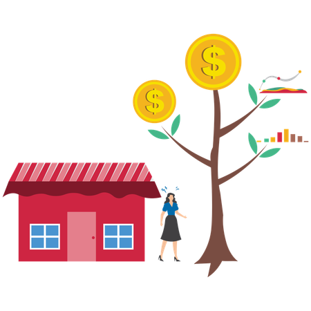 Businesswoman think between paying off mortgage and investing in stock market for profit symbolizing tough financial decision  Illustration