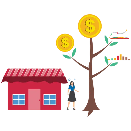 Businesswoman think between paying off mortgage and investing in stock market for profit symbolizing tough financial decision  Illustration