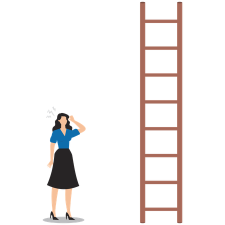 Businesswoman thinking about climbing stairs with steps that are too far apart  Illustration