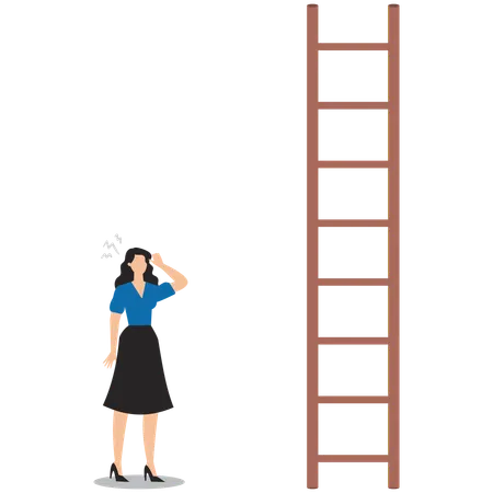 Businesswoman thinking about climbing stairs with steps that are too far apart  Illustration