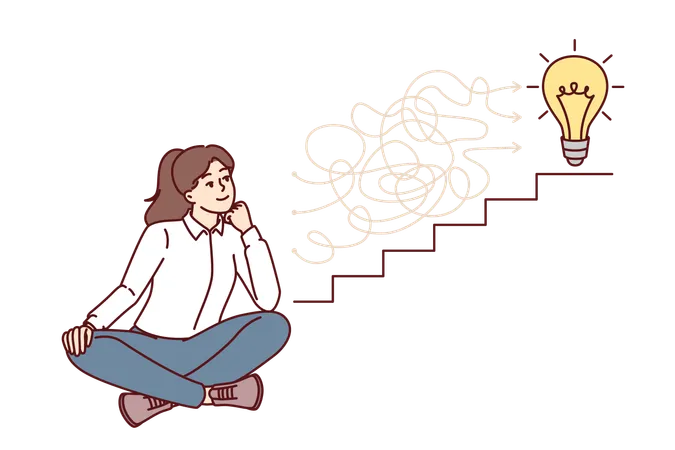 Ambitious Business Woman Comes Up With Ways And Ideas To Solve Problems Sitting Near Stairs With Light Bulb Ambitious Girl Dreams Of Climbing Up Career Ladder And Achieving Success In Corporation Illustration