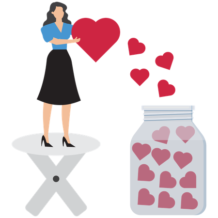 Businesswoman throws heart in jar of hearts  Illustration