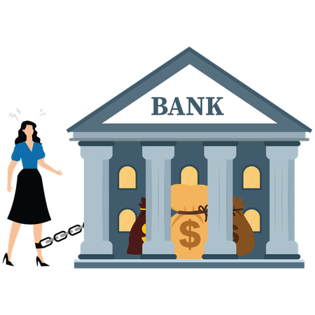 Businesswoman tied by chain of bank to his legs  Illustration