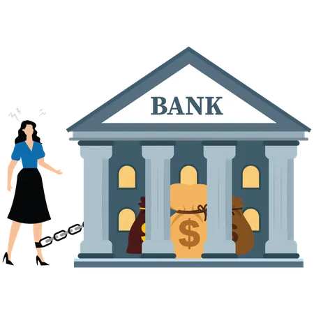 Businesswoman tied by chain of bank to his legs  Illustration