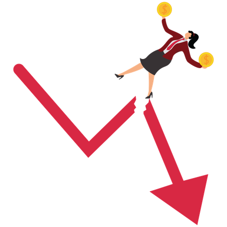 Businesswoman to lose their income and fall off rising but falling chart  Illustration