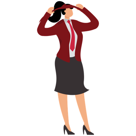 Businesswoman Took A Red Ribbon And Tied It Around His Head And Pulled It Tight With Both Hands  Illustration