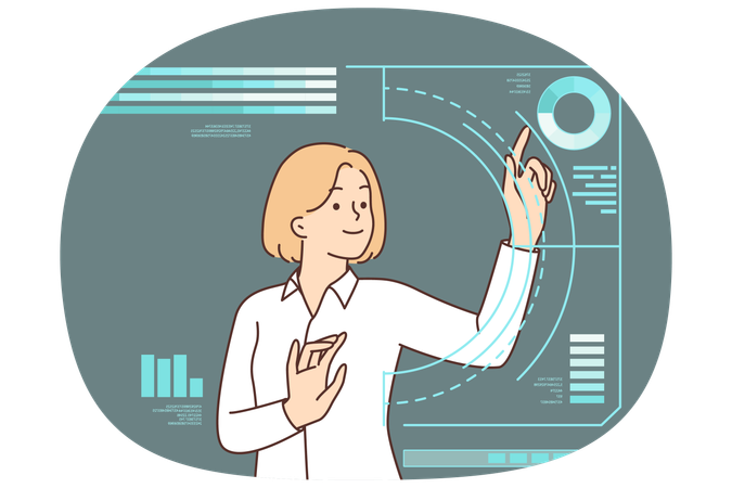Businesswoman touches holographic dashboard  Illustration