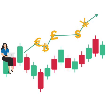 Businesswoman trading on graph with currency symbols  Illustration