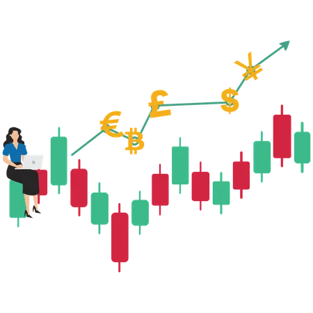 Businesswoman trading on graph with currency symbols  Illustration