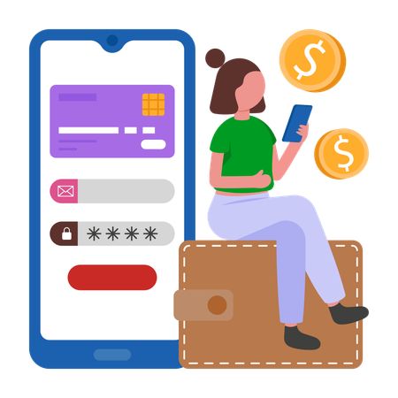 Businesswoman transfers money in Mobile Wallet  Illustration