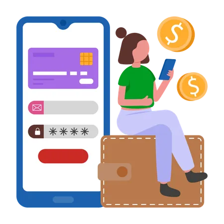 Businesswoman transfers money in Mobile Wallet  Illustration