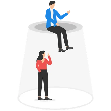 Businesswoman Trapped In Glass And A Businessman Sitting On Top Vector Illustration For Metaphor On Glass Ceiling Problem For Job Advancement At Workplace Concept Illustration