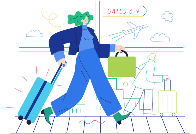 Businesswoman travelling through flight  Illustration