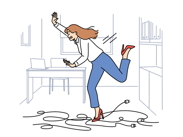 Businesswoman trips on wires and falls, risking injury due to clumsiness or mess in workplace  Illustration