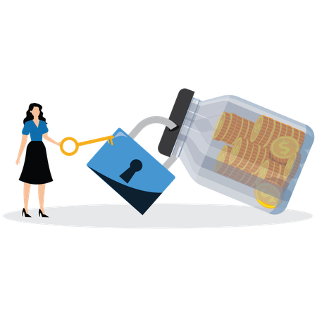 Businesswoman trying to open coin jar  Illustration