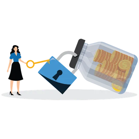 Businesswoman trying to open coin jar  Illustration