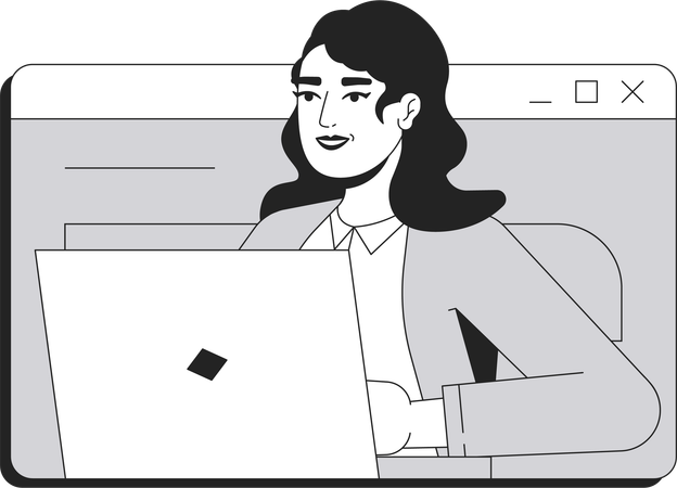 Businesswoman typing on laptop inside web window  Illustration