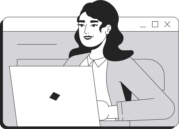Businesswoman typing on laptop inside web window  Illustration