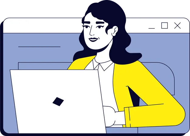 Businesswoman typing on laptop inside web window  Illustration