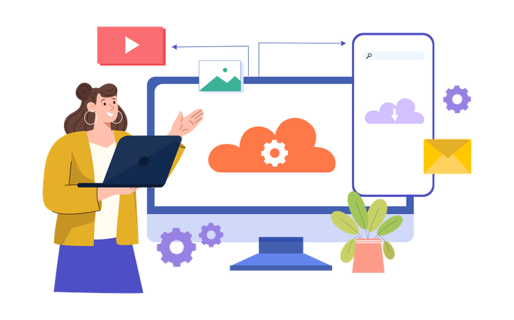 Businesswoman uploading business data on cloud  Illustration