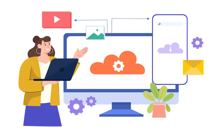 Businesswoman uploading business data on cloud  Illustration