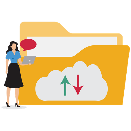 Businesswoman uploading file to cloud folder  Illustration