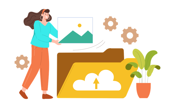 Businesswoman uploads business folder on cloud  Illustration