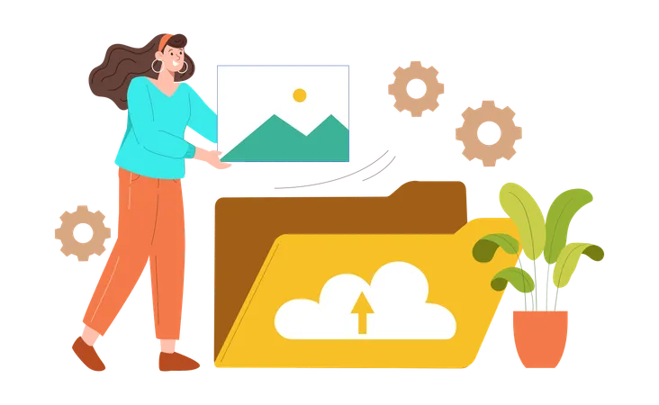 Businesswoman uploads business folder on cloud  Illustration