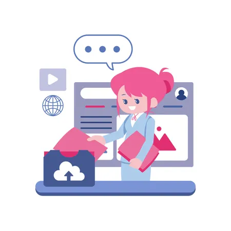 ビジネスウーマンがクラウドにデータをアップロード  イラスト