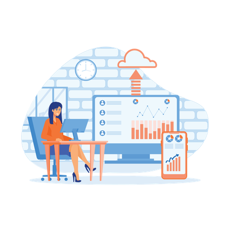 Businesswoman uploads data on cloud  Illustration