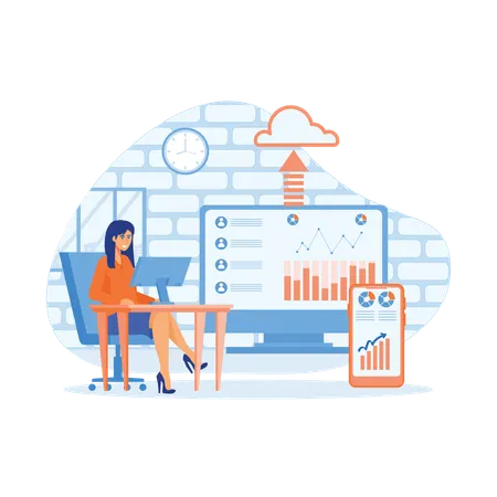 Businesswoman uploads data on cloud  Illustration