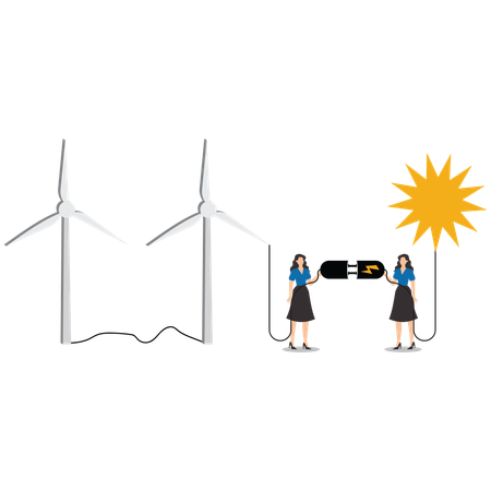 Businesswoman use energy from windmills to run environmentally friendly businesses  Illustration