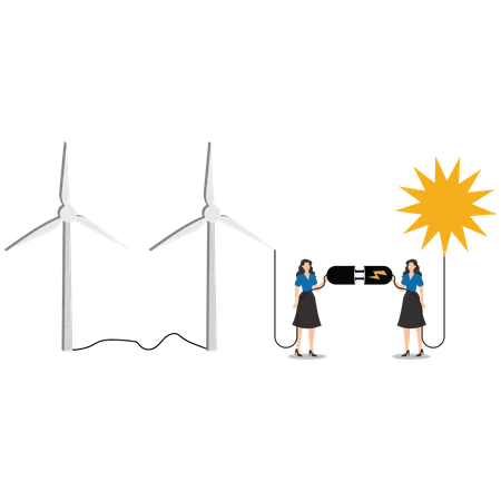 Businesswoman use energy from windmills to run environmentally friendly businesses  Illustration