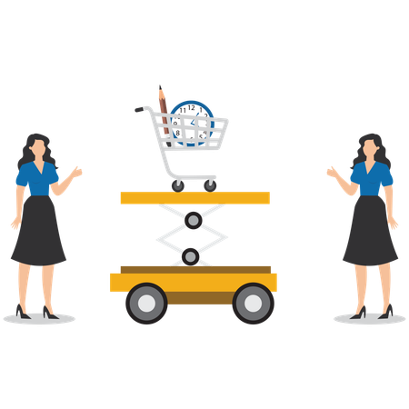 Businesswoman use lifts to raise shopping carts  Illustration