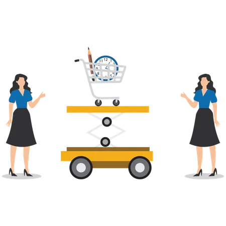 Businesswoman use lifts to raise shopping carts  Illustration