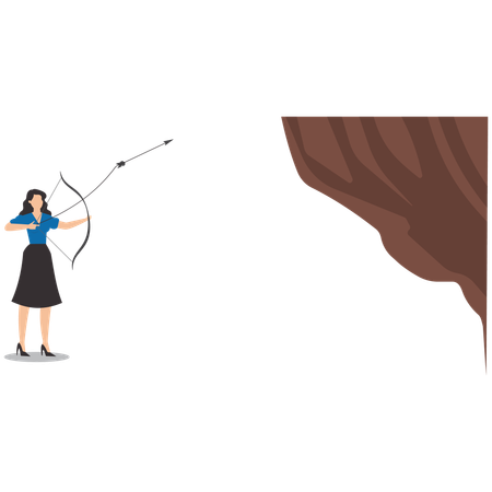 Businesswoman uses an arrow to hook a rope to a cliff to get over it  Illustration