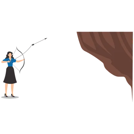 Businesswoman uses an arrow to hook a rope to a cliff to get over it  Illustration