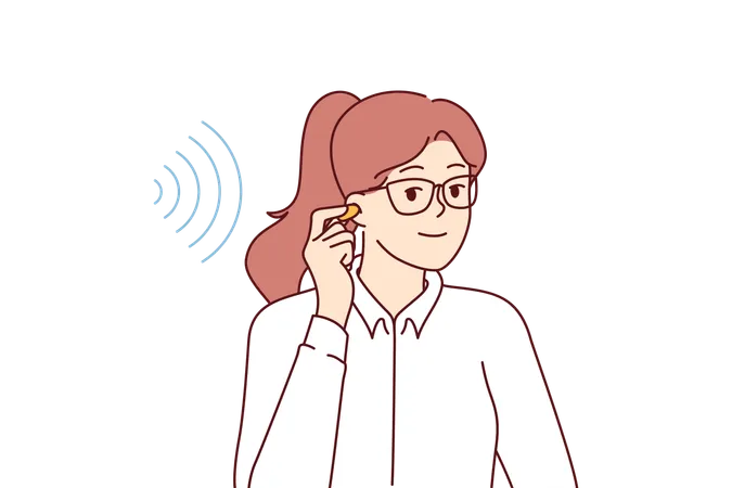 Businesswoman Uses Earplugs To Get Rid Of Noise That Reduces Concentration And Productivity Girl Holds Wireless Headphones For Listening To Music Or Hearing Aid That Allows To Restore Hearing Illustration