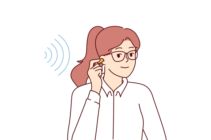 Businesswoman uses earplugs to get rid of noise that reduces concentration and productivity  Illustration