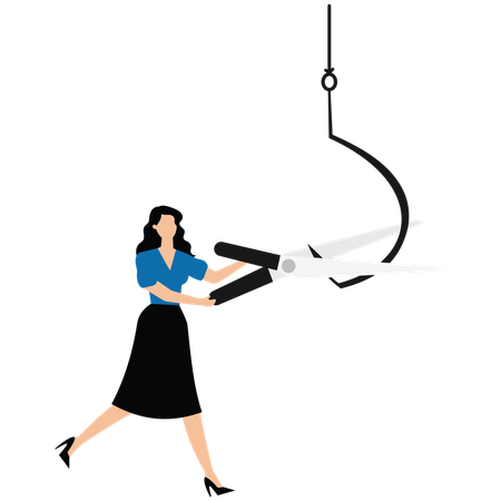 Businesswoman uses scissors cut off fishing hooks  Illustration