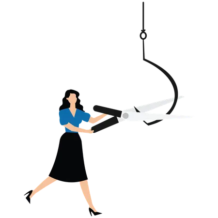 Businesswoman uses scissors cut off fishing hooks  Illustration