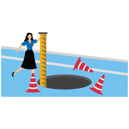 Businesswoman using a ruler measures the depth of a hole on the road  Illustration