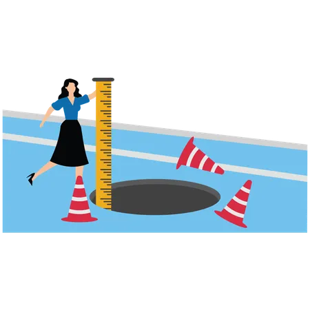 Businesswoman using a ruler measures the depth of a hole on the road  Illustration