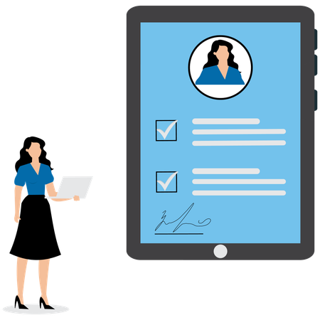 Businesswoman using digital tablet to review customer feedback  Illustration