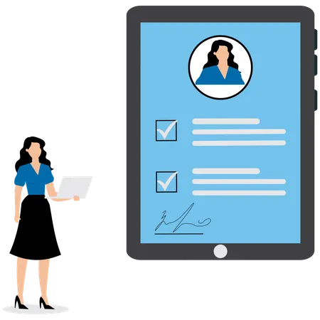 Businesswoman using digital tablet to review customer feedback  Illustration